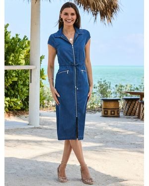 Sosandar Drawstring Waist Zip Front Midi Denim Dress - Blue