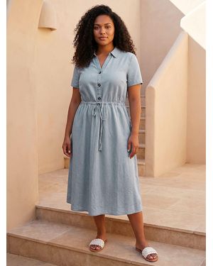 Roman Curve Tie Waist Shirt Dress - Blue