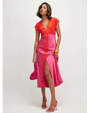 River Island Short Sleeve Lace Satin Midi Dress - Red