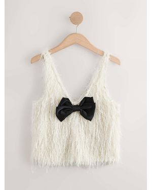 Next Ecru Sleeveless V-Neck Fluffy Bow Top - Natural