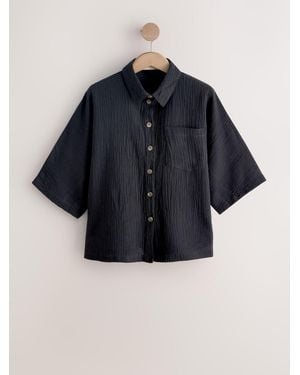 Next Textured Short Sleeve Shirt With Linen - Blue