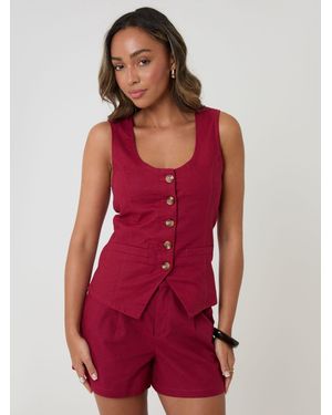 Threadbare Scoop Neck Longline Linen Blend Waistcoat - Red