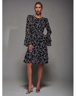 Jolie Moi Long Sleeve Chiffon Knee Length Dress - Gray