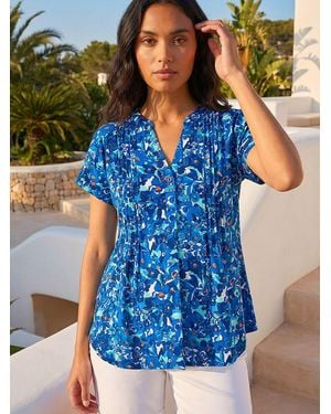 Roman Floral Print Pintuck Stretch Shirt - Blue