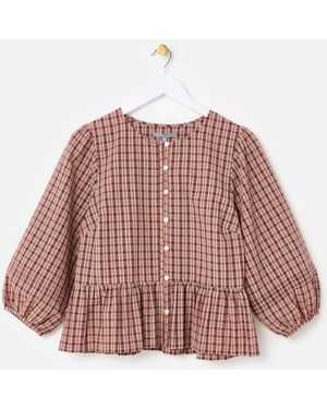 Oliver Bonas Checked Button Up Peplum Blouse - Pink