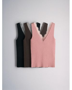 The Set 3 Pack V-Neck Lace Trim Vests/Chocolate - Pink