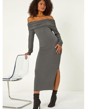 Roman Off The Shoulder Stretch Bardot Midi Dress - Gray