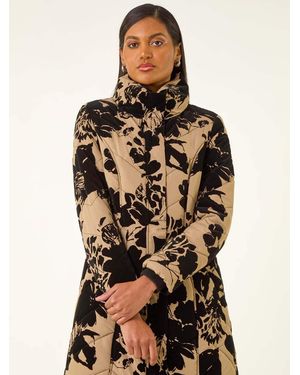 Roman Floral Flock Detail Padded Coat - Brown