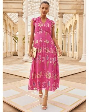 Love & Roses Metallic Dropped Waist Midi Dress - Pink
