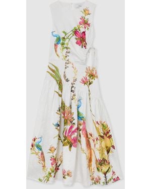 Reiss Bianca - Ivory Linen Floral-print Cut-out Midi Dress, Us 12 - White