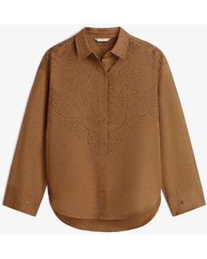 Tommy Hilfiger Floral Embroidery Oversized With Linen Fit Shirt - Brown