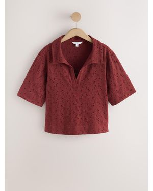 Next Broderie Short Sleeve Polo Top - Red