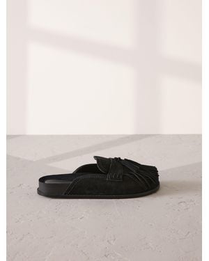 Next Signature Premium Leather Suede Fringe Footbed Mules - Black