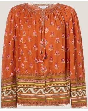 Monsoon Amaya Tie Neck Floral Print Long Sleeve Blouse With Lace Trim - Orange
