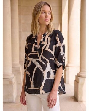 Roman Abstract Print V-Neck Top - Black