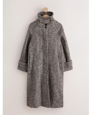 Next Chocolate Textured Herringbone Funnel Neck Longline Coat With Wool - Gray