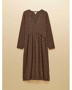 Joules Leaf Print V Neck Long Sleeve Jersey Midi Dress - Brown