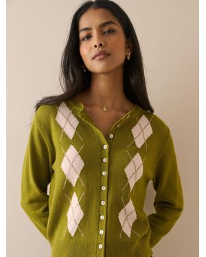 Nobody's Child Nobodys Child Fine Gauge Argyle Knitted Cardigan - Green