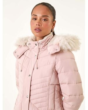 Roman Petite Faux Fur Hood Longline Quilted Coat - Pink