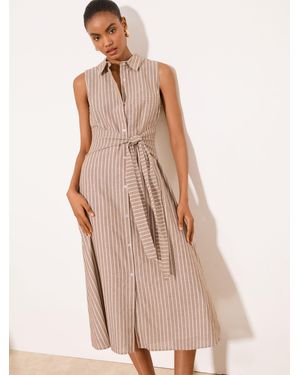 Lipsy Cotton Stripe Sleeveless Collar Shirt Belted Waist Midi Dress - Pink