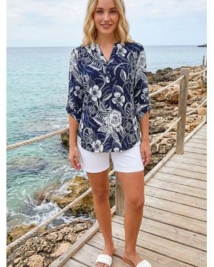 Roman Textured Floral Print V-Neck Stretch Shirt - Blue