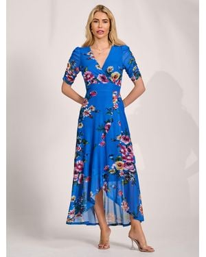 Jolie Moi Ruched Sleeve Mesh Maxi Dress - Blue