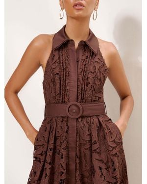 Lipsy Cutwork Lace Halter Neck Midi Shirt Dress - Brown