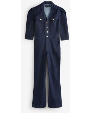 Sosandar Puff Sleeve Kicklare Denim Jumpsuit - Blue