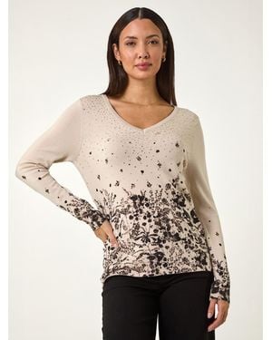 Roman Floral Hotfix V-Neck Knit Jumper - Natural