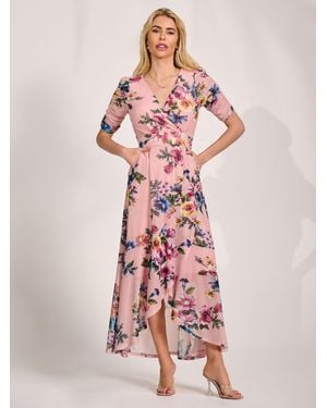 Jolie Moi Ruched Sleeve Mesh Maxi Dress - Pink