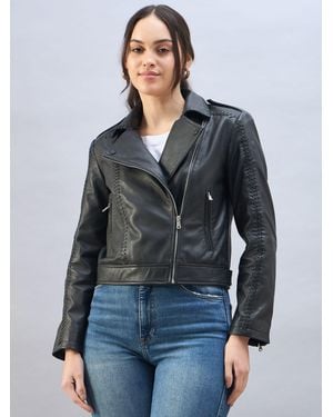Urban Code Leather Biker Jacket With Whipstitching - Grey