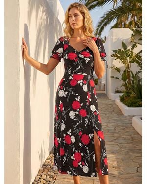 Roman Floral Print Ruched Midi Dress - Red