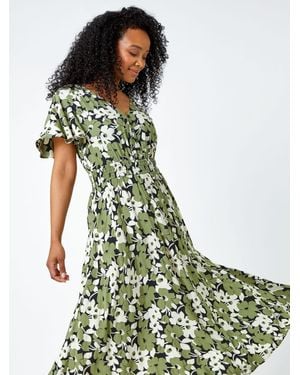 Roman Floral Shirred Stretch Midi Dress - Green