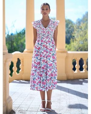 Yumi' Viscose Floral Ruched Waist Midi Dress - White
