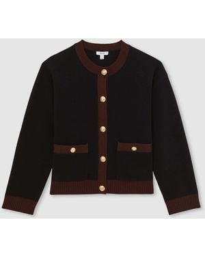 Reiss Burgundy/ Wool-Cashmere Crew-Neck Cardigan - Black