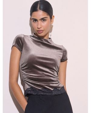 Nobody's Child Nobodys Child Grown On Velvet Lace Trim Top - Gray
