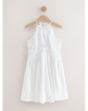 Next Embroidered Mirror Detail High Neck Mini Dress - White