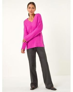 Roman Plain V-Neck Fluffy Knit Sweater - Pink