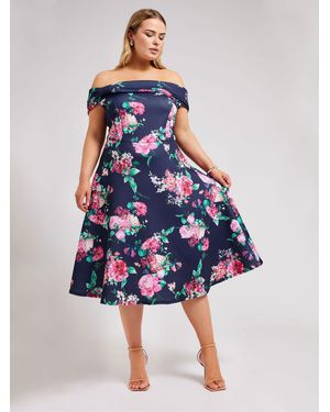 Yours Curve Floral Bardot Skater Kleid - Blau