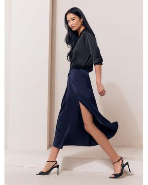 Lipsy Satin Draped Gathered Waist Side Split Midi Skirt - Blue
