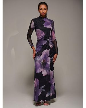 Jolie Moi High Neck Long Sleeve Mesh Maxi Dress - Purple