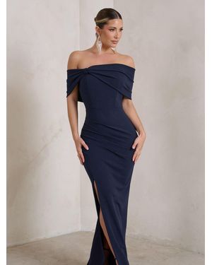 Club L London Eva Bardot Bow Detail Maxi Dress With Thigh Split - Blue
