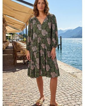 Roman Petite Abstract Leaf Tiered Smock Dress - Blue