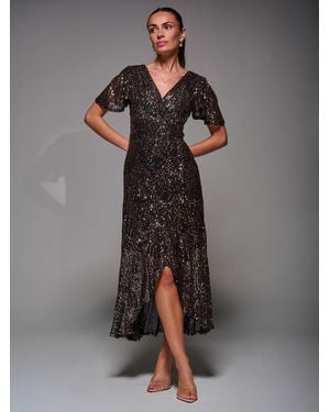 Jolie Moi Sequin Angel Sleeve Ruffle Hem Maxi Dress - Gray