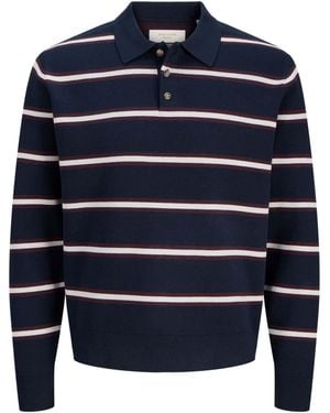 Jack & Jones Long Sleeve Stripe Knit Polo Shirt - Blue