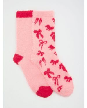 Love & Roses And Bow Cosy Soft Eyelash Slipper Socks 2 Pack - Pink