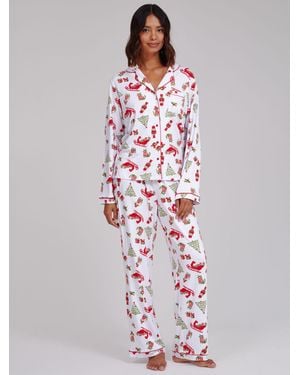 Loungeable Retro Christmas Super Soft Long Sleeve Button Through Pyjamas Set - White