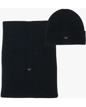Michael Kors Engineered Rib Cuff Hat And Scarf Set - Black