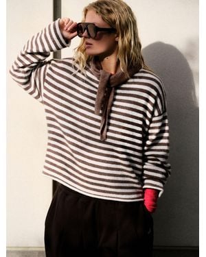 Self Chocolate Stripe Knitted Sweater With Removable Scarf - Brown