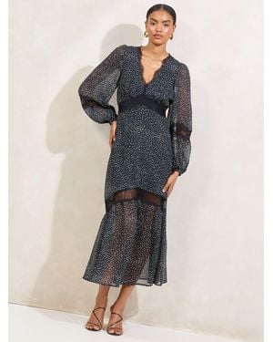 Lipsy Polka Dot Spot Lace Insert V-Neck Midaxi Dress - Blue